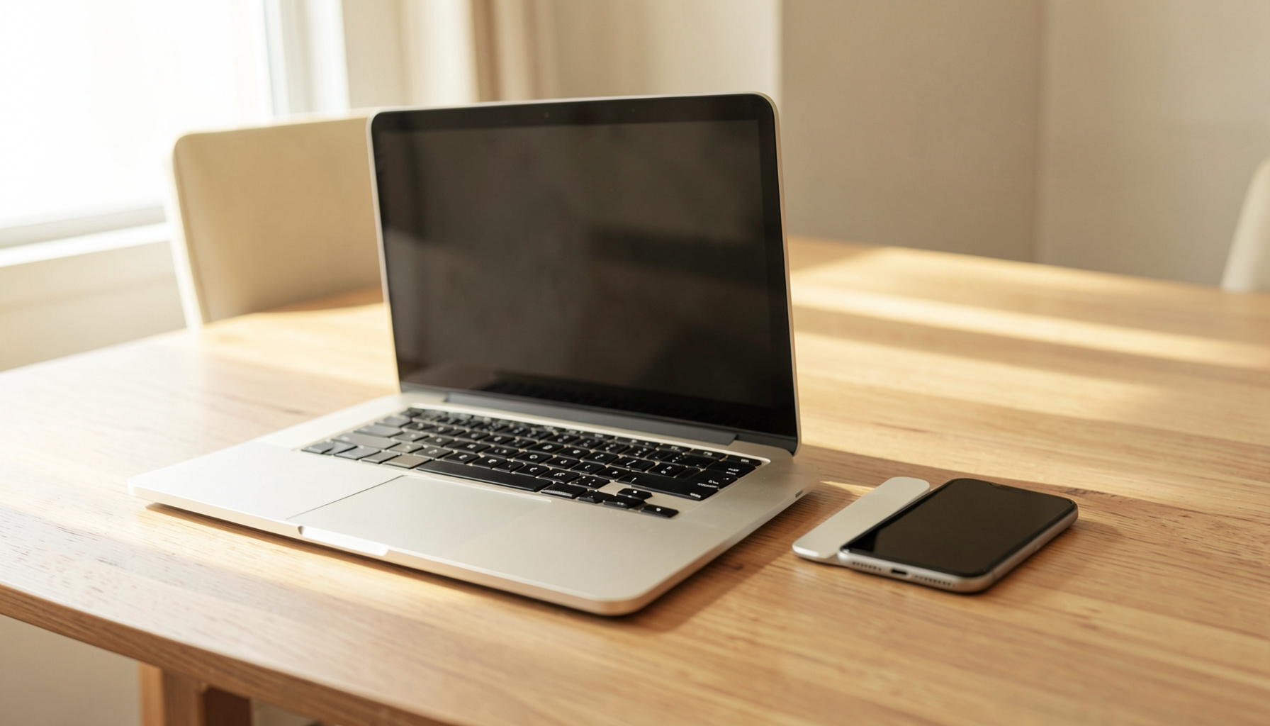 A modern desktop workspace with a laptop and smartphone side by side on a wooden desk, warm natural light, soft beige and brown tones