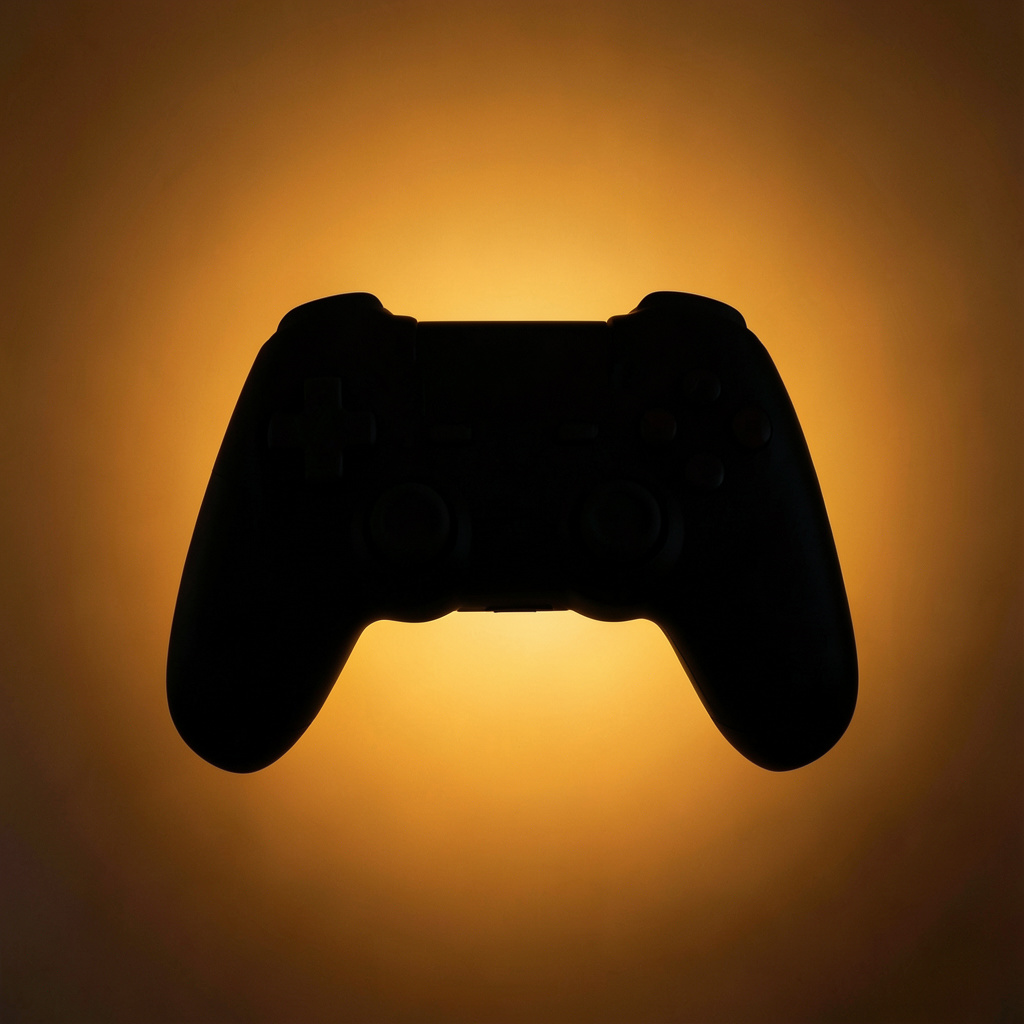 A game controller silhouette on a warm amber and brown gradient, suggesting mobile gaming.